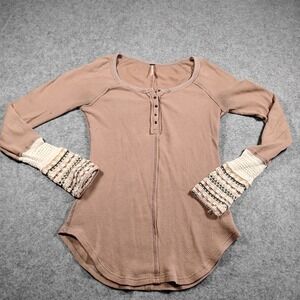 Free People Mauve Waffle Knit Henley Top Mixed Crochet Cuff Womens L
